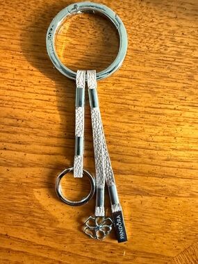 Pandora Beige Leather Strap Keyring with Silver Flower Accent